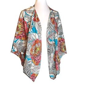 Trina Turk Silk Kimono Wrap Size S Floral Turquoise Pink Floral Resortwear NWT